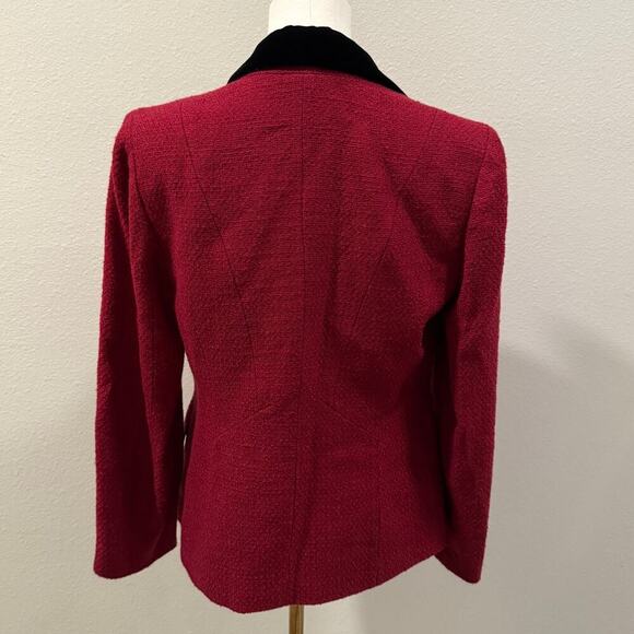 Anne Klein Burgundy Tweed Blazer Jacket Black Velvet Collar Women 6 Fall Office - Picture 2 of 8